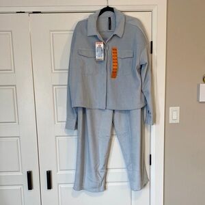 Soft ribbed multi pocket jacket & pant set in baby blue Elastic/pull string pant